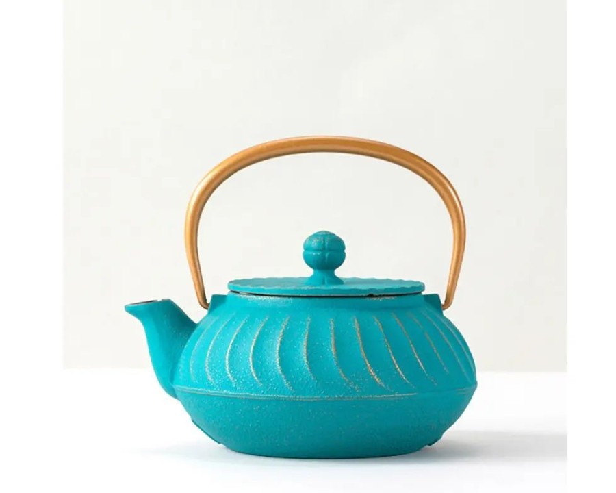 Miya Company Cast Iron Teapot Teal Wave Gold Handle | Teapots - Cast Iron