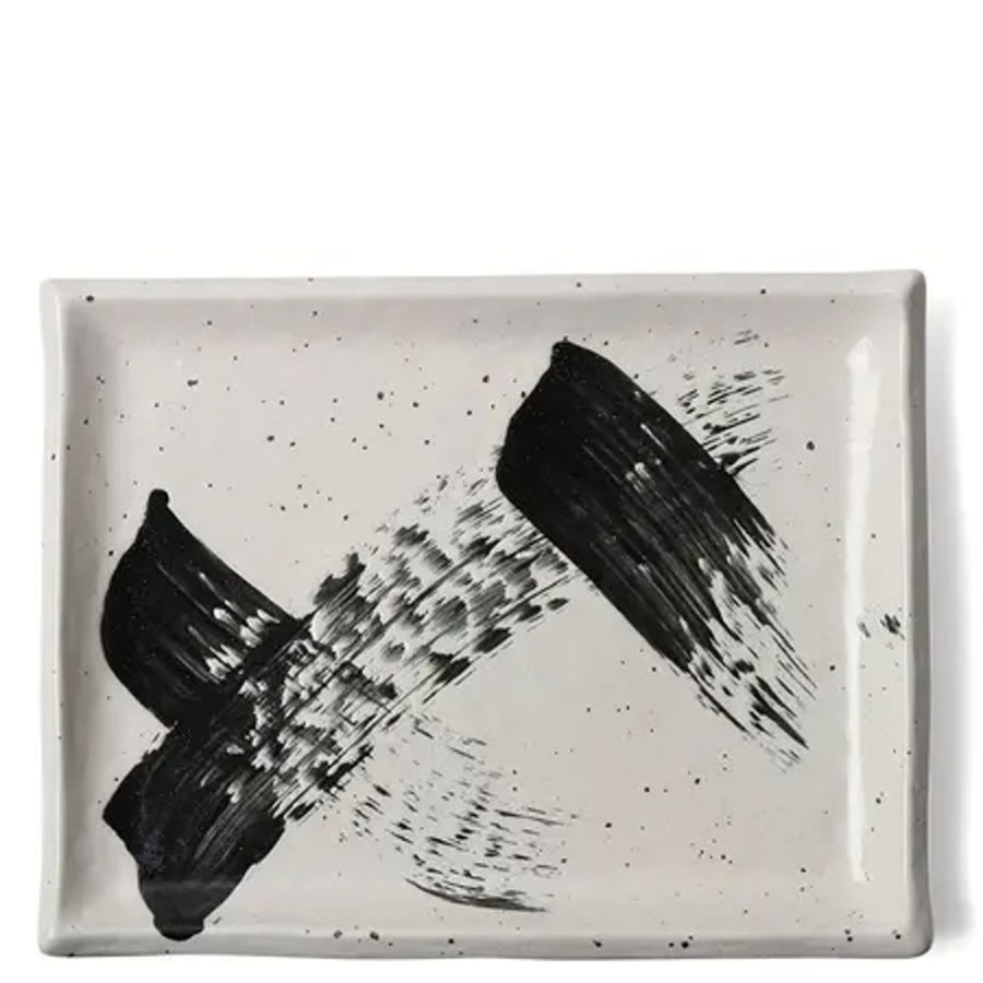 Miya Company Black White Brush Rectangle Platter | Serving Bowls & Plates