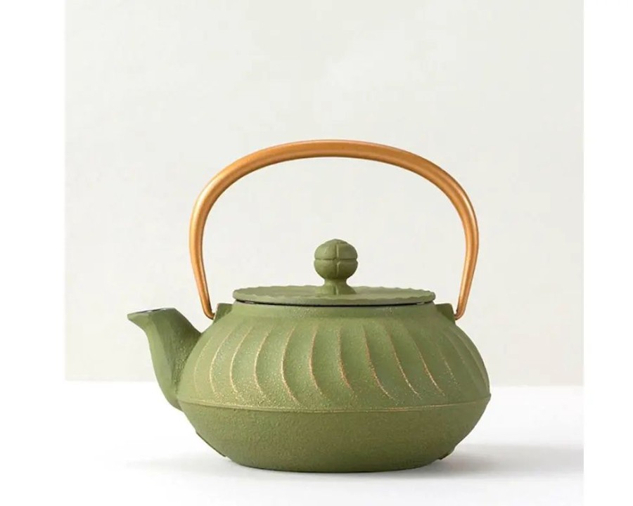 Miya Company Cast Iron Teapot Olive Green Wave Gold Handle | Teapots - Cast Iron